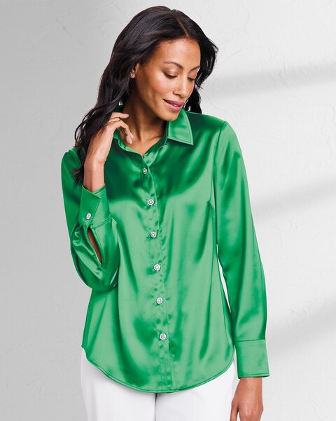 Jewel-Button Satin Blouse