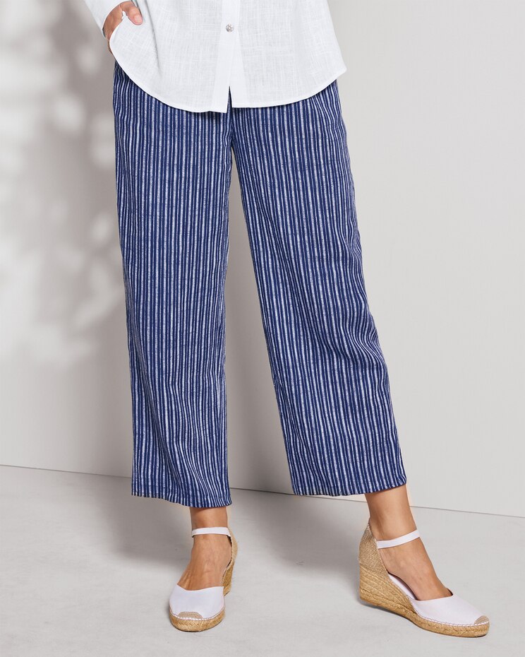 Linen-Blend Striped Cropped Pants image number 1