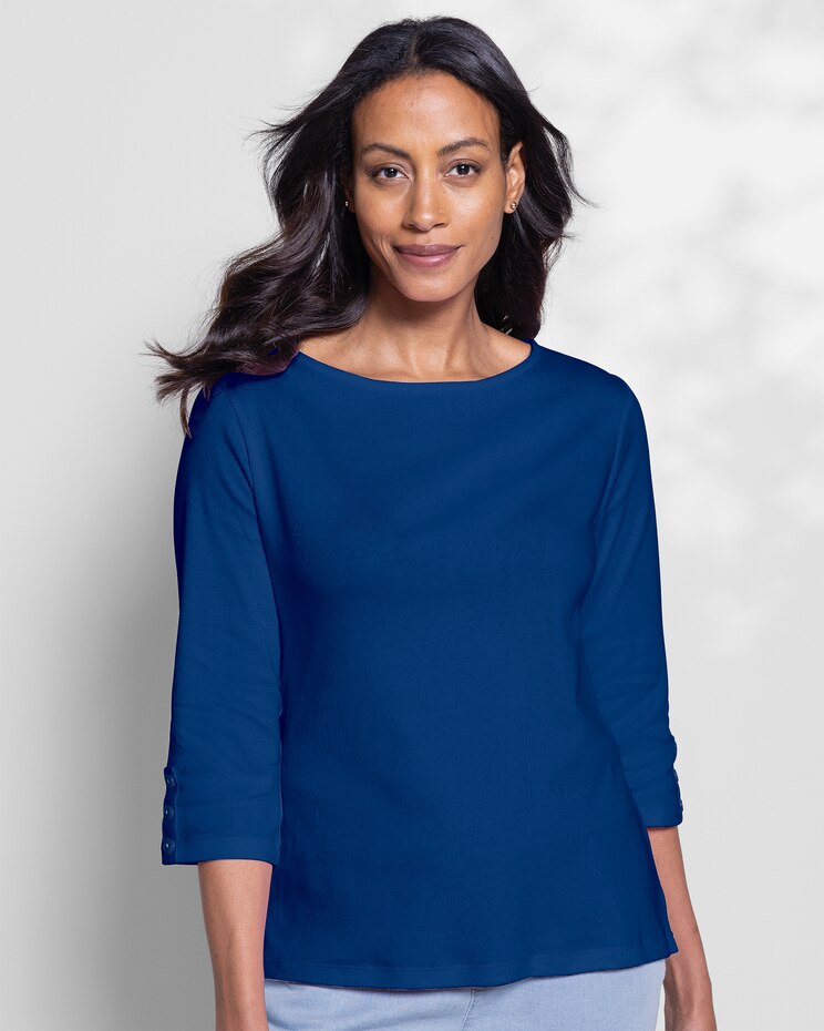 Coastal Cotton Three-Quarter-Sleeve Solid Bateau-Neck Tee image number 1