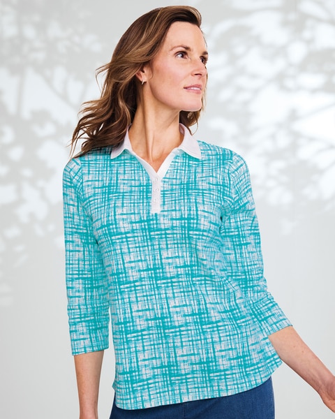Essential Cotton Watercolor Grid Three-Quarter Sleeve Polo