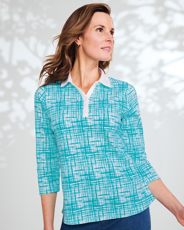 Essential Cotton Watercolor Grid Three-Quarter Sleeve Polo image number 1
