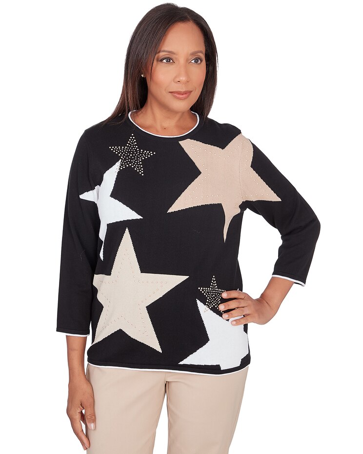 Alfred Dunner® Neutral Territory Star Patch Crew Neck Sweater image number 1