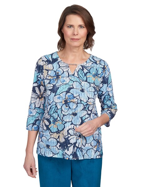 Alfred Dunner® Stripe Floral Beaded Split Neck Top