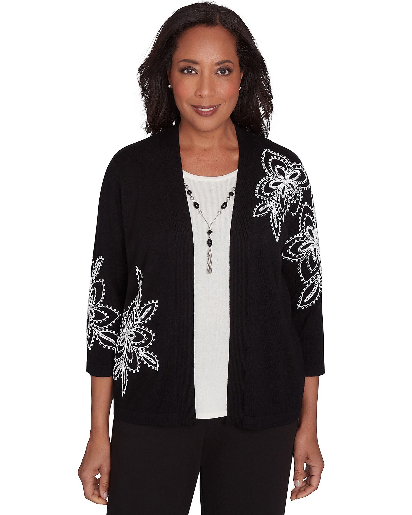 Alfred Dunner Runway Ready Floral Embroidered Two In One Top with Detachable Necklace Appleseed s