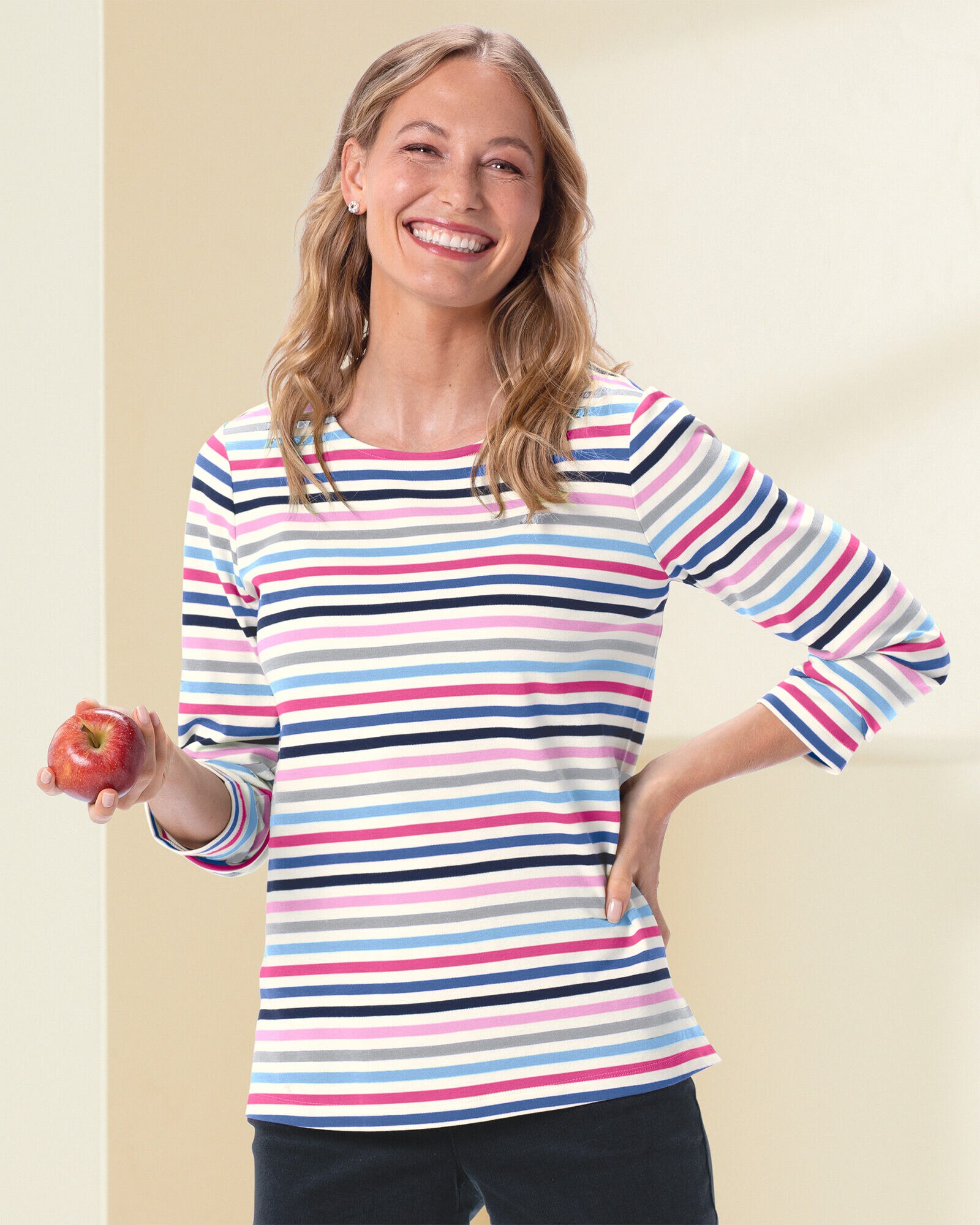 通販生活 ファッション Essential Cotton Tee Multi-Stripe Long-Sleeve トップス