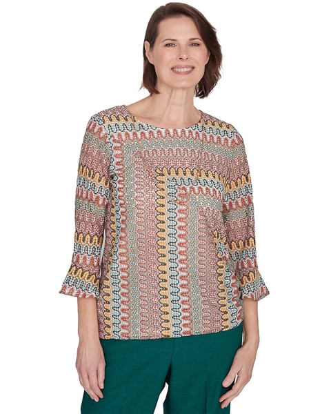 Alfred Dunner® Emerald Isle Spliced Texture Top With a Drawstring Hemline