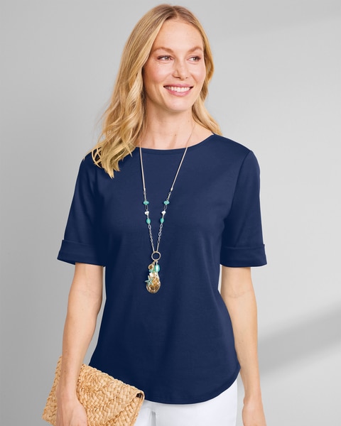 Essential Cotton Solid Elbow-Sleeve Tee 