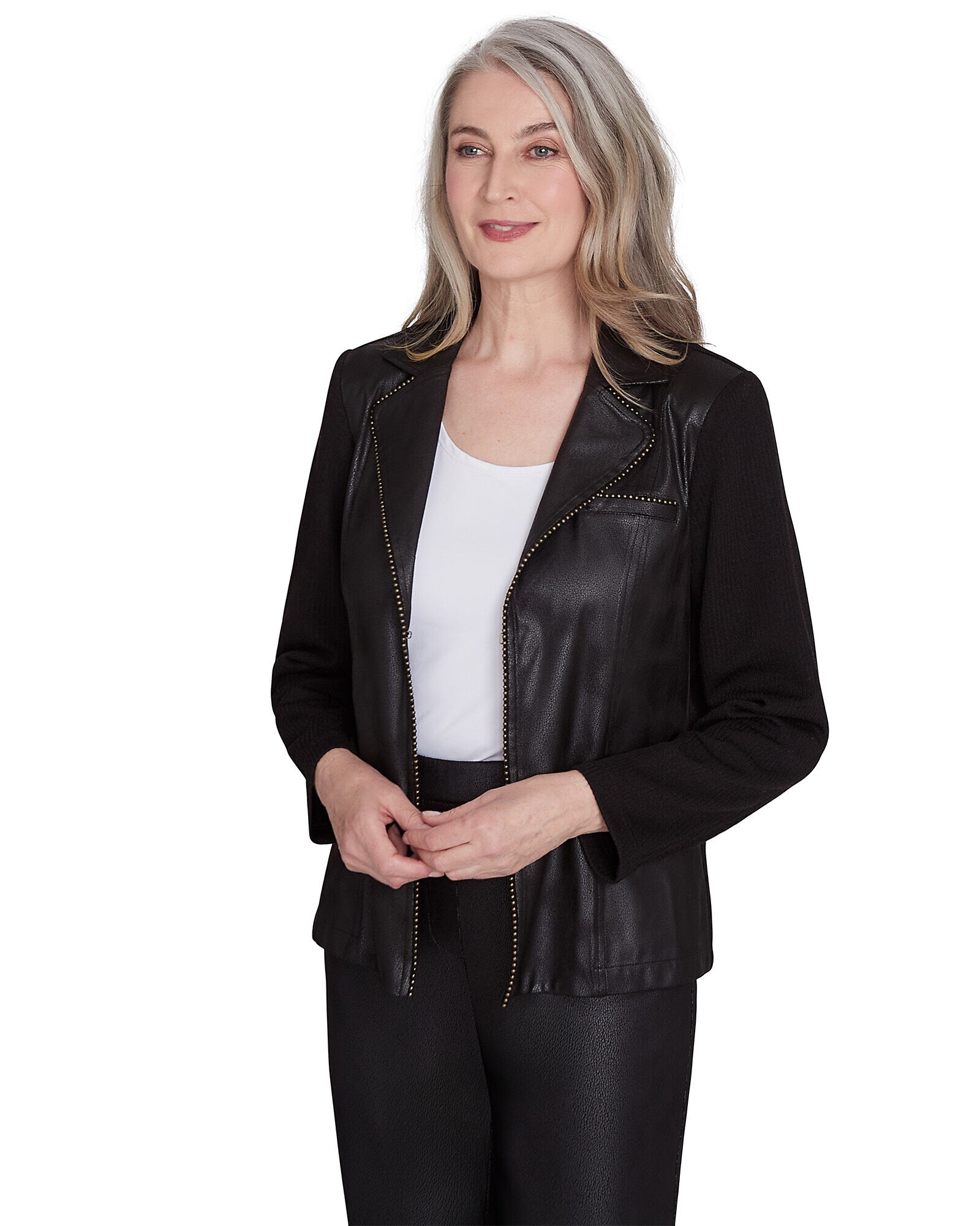 Alfred Dunner Rue Rivoli Faux Leather Jacket With Knit Sleeves Appleseed s
