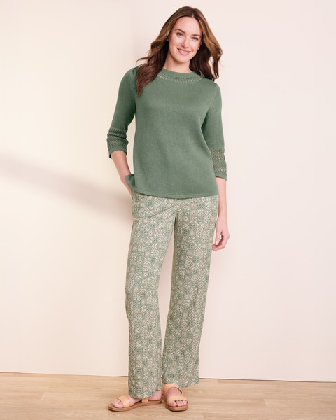 Linen/Cotton Crochet-Trim Pullover 
