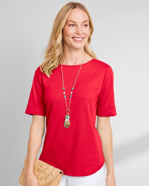 Essential Cotton Solid Elbow-Sleeve Tee 