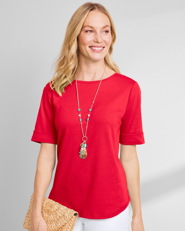 Essential Cotton Solid Elbow-Sleeve Tee  image number 1
