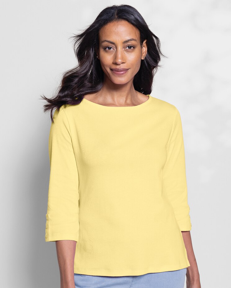 Coastal Cotton Three-Quarter-Sleeve Solid Bateau-Neck Tee image number 1