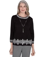 Alfred Dunner® Runway Ready Diamond Border Crew Neck Top with a Detachable Necklace thumbnail number 1