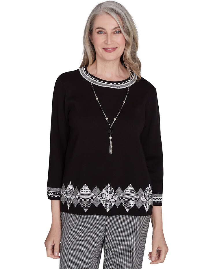 Alfred Dunner® Runway Ready Diamond Border Crew Neck Top with a Detachable Necklace image number 1