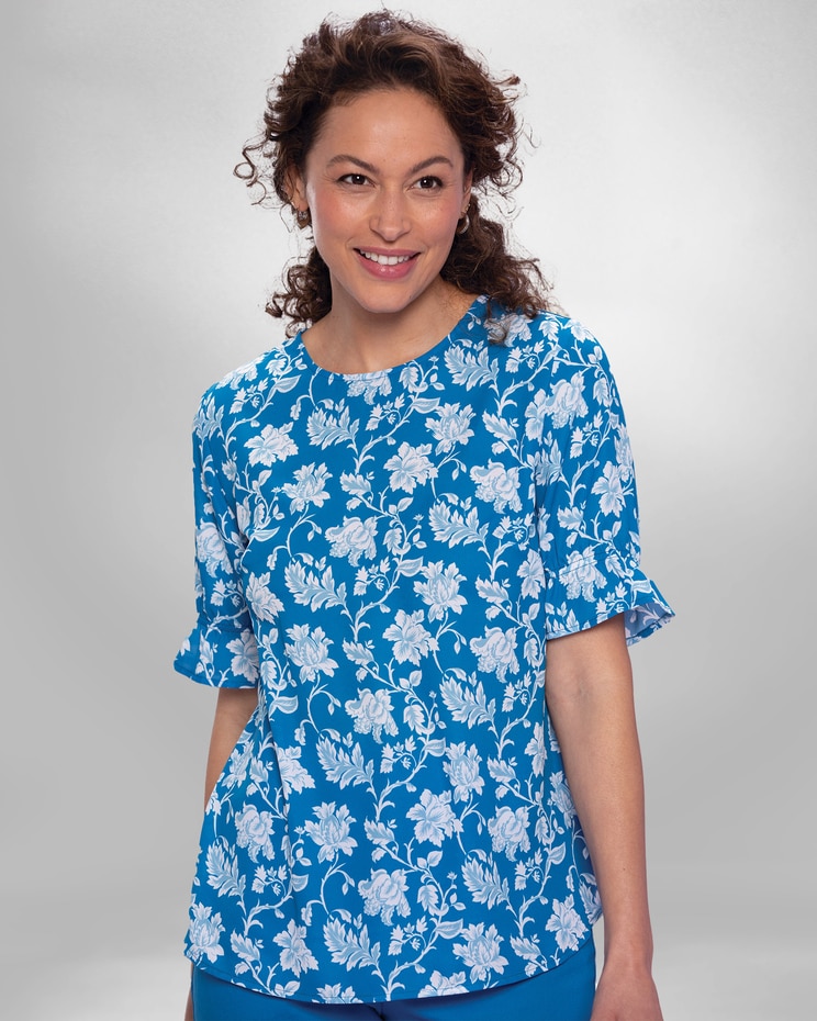 Porcelain Floral Ruffle-Sleeve Blouse image number 1
