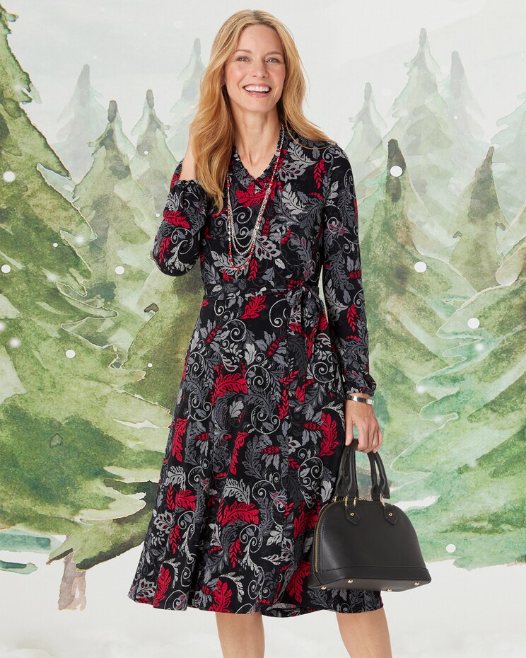 Carefree Knit Ruffle-Neck Floral Dress image number 1