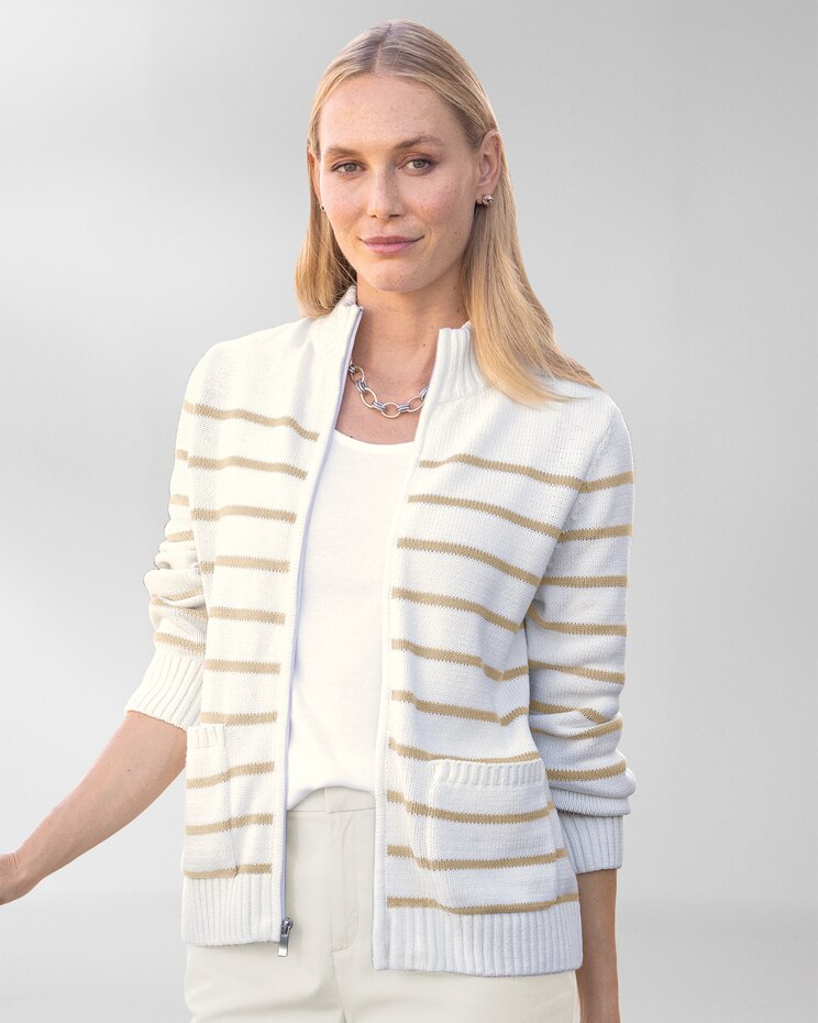 Bayside Cotton Striped Patch-Pocket Zip Cardigan image number 1