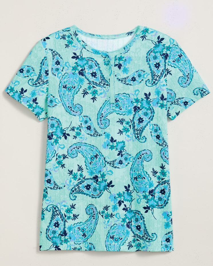 Print Short Sleeve Pointelle Henley Top image number 1