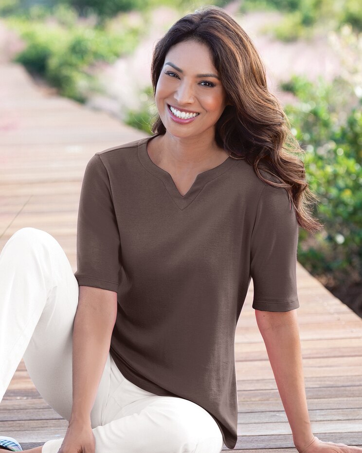 Coastal Cotton Notched Neckline Elbow-Sleeve Tee image number 1