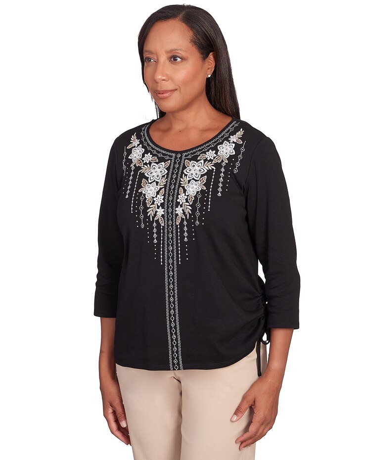 Alfred Dunner® Neutral Territory Embroidered Floral Side Tie Top image number 3