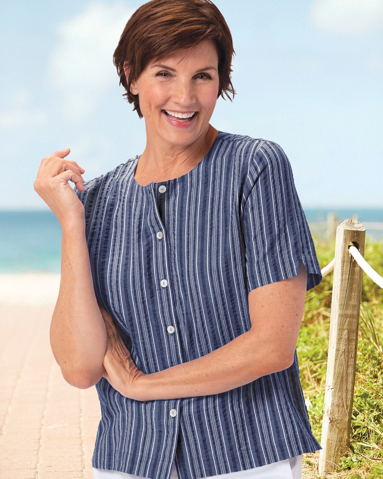 Seersucker Stripe Button Front Top