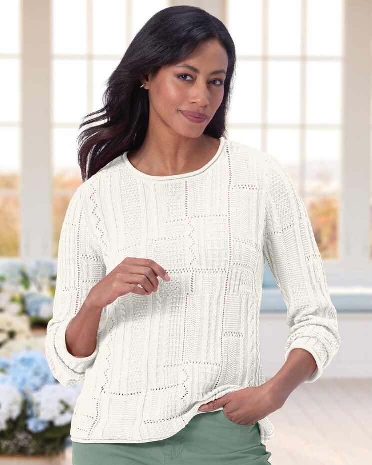Mixed-Stitched Cotton Roll-Neck Sweater image number 1