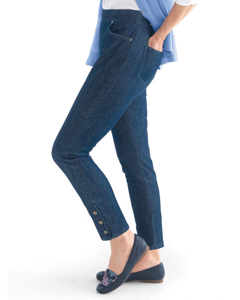 Liberty Knit Denim Slim Pull-On Snap-Hem Ankle Jeans