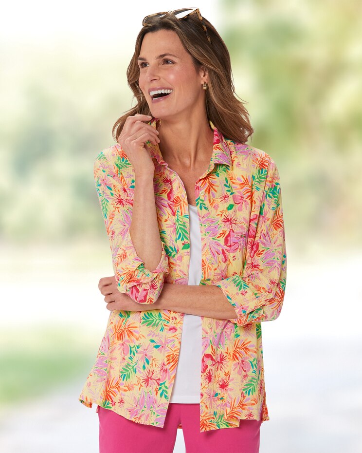 Crinkled Cotton Tropical Print Shirt image number 1