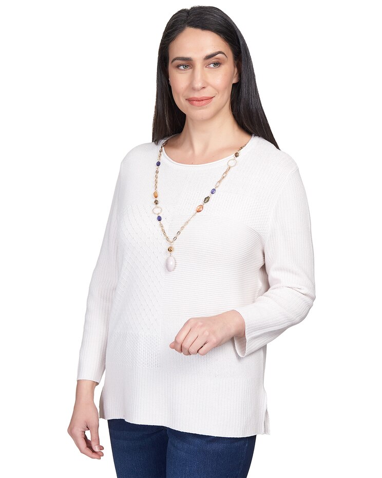 Alfred Dunner® Autumn Weekend Solid Texture Split Hem Sweater with Necklace image number 4