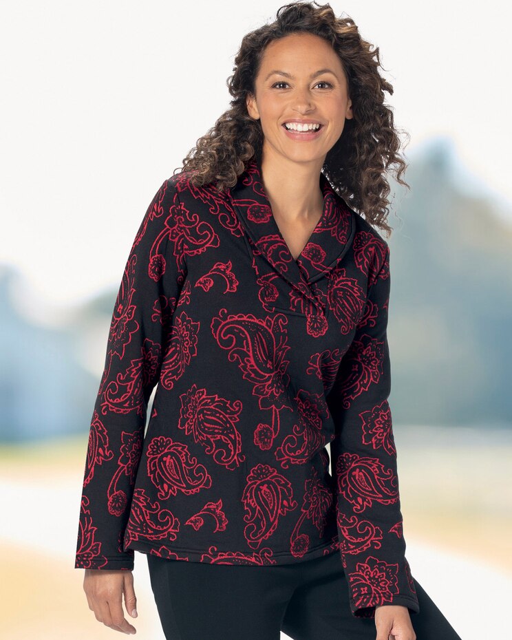 Paisley Jacquard Knit Shawl-Collar Top image number 1