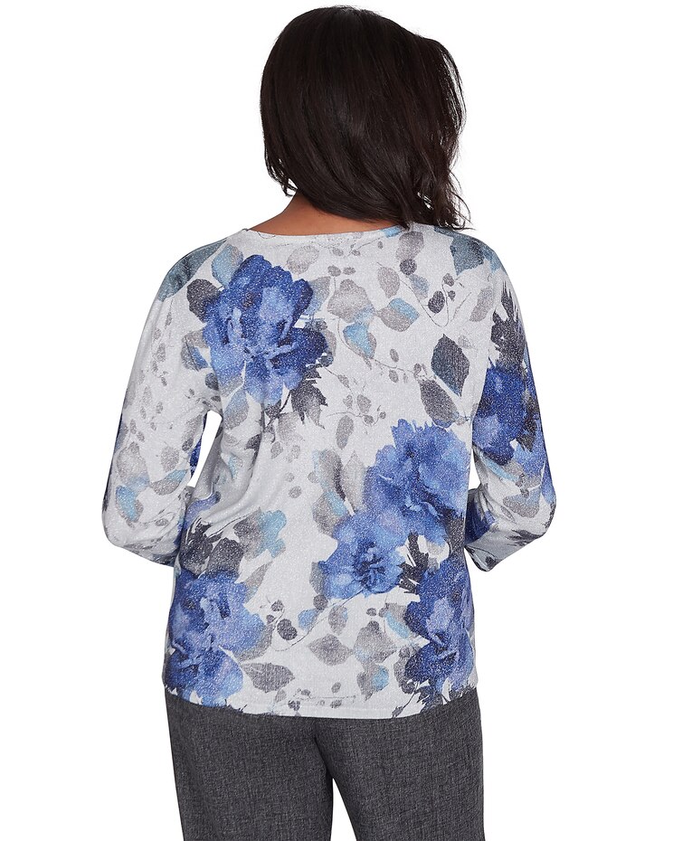 Alfred Dunner® Worth Avenue Watercolor Floral Shimmer Crew Neck Top image number 3