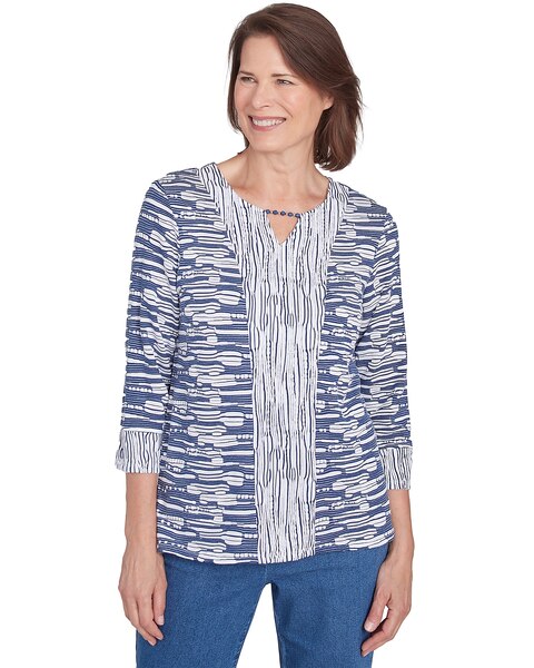 Alfred Dunner® Lake Victoria Split Neck Spliced Blue Top