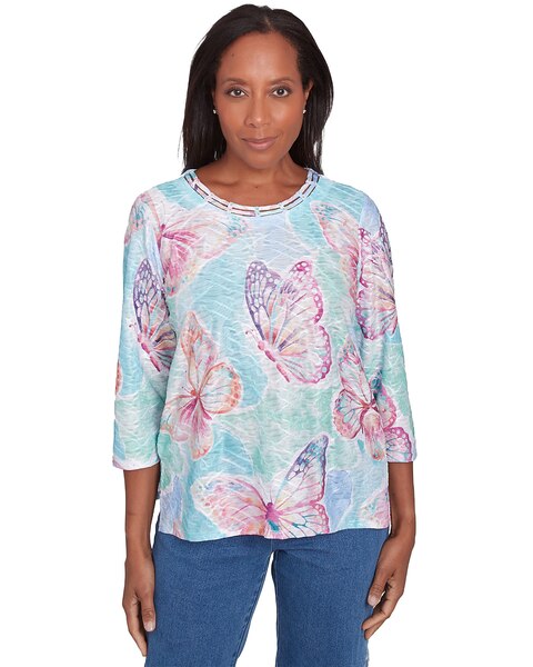 Alfred Dunner® Classics Butterfly Crewneck Three Quarter Sleeves Top