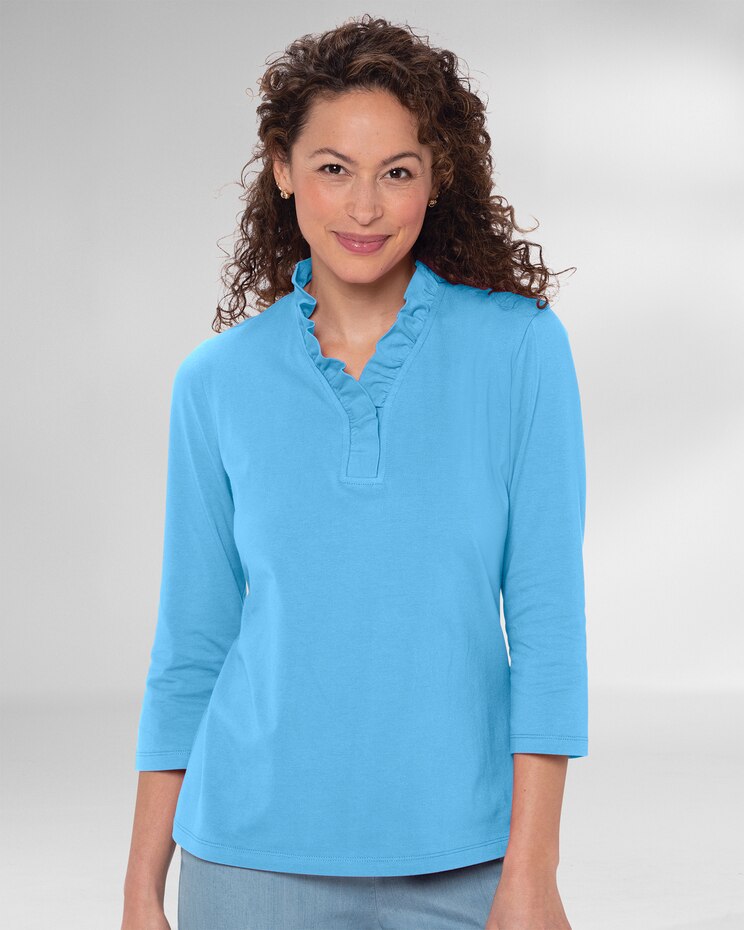 Prima™ Cotton Three-Quarter Sleeve Solid Ruffle-Neck Tee image number 1