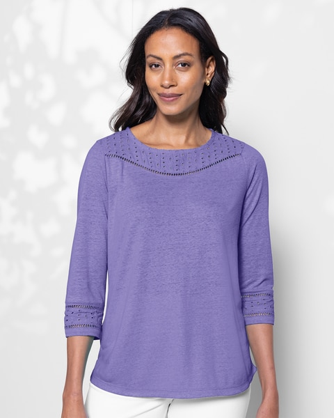 Linen-Blend Eyelet-Trimmed Tee