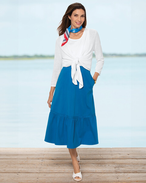 Linen/Cotton Shrug & Boardwalk Knit Flounce Midi Skirt