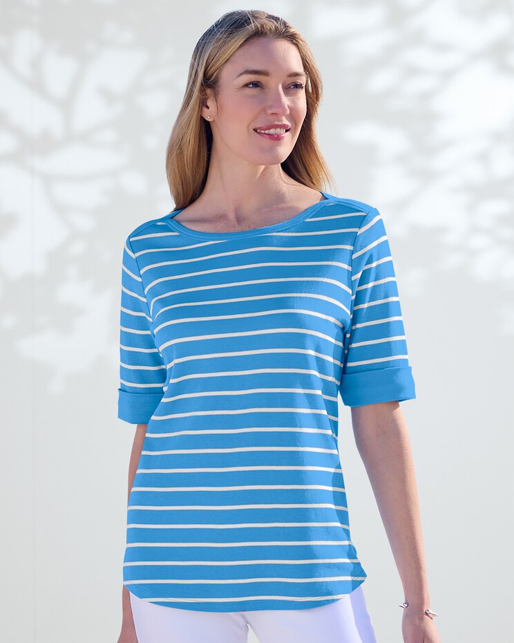 Essential Cotton Striped Elbow-Sleeve Tee  image number 1