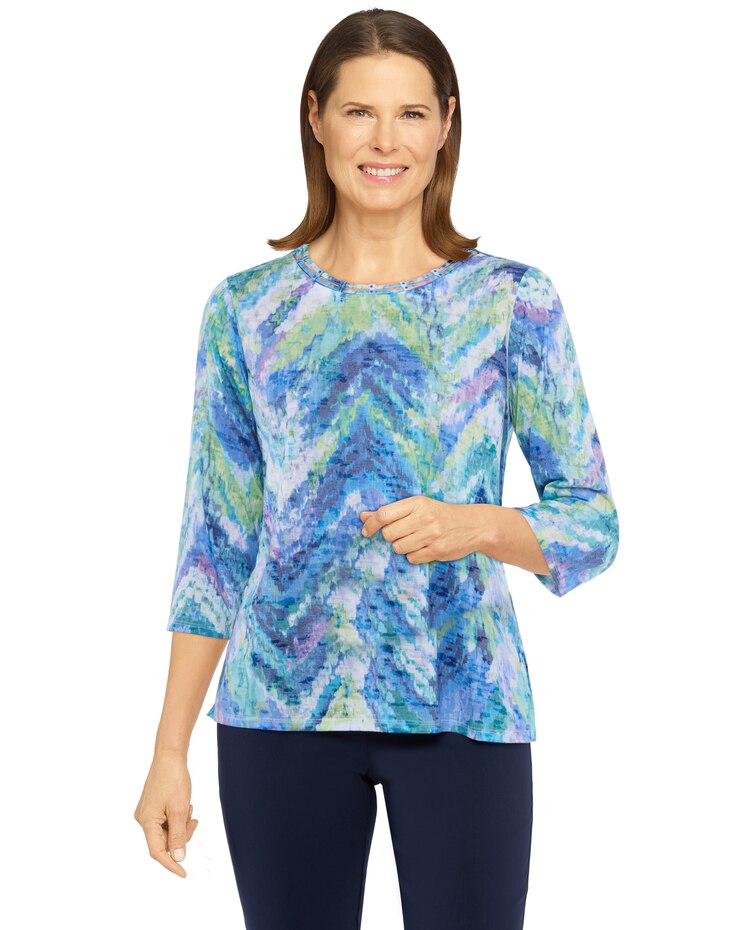 Alfred Dunner® Moody Blues Ikat Chevron 3/4 Sleeve Top image number 1