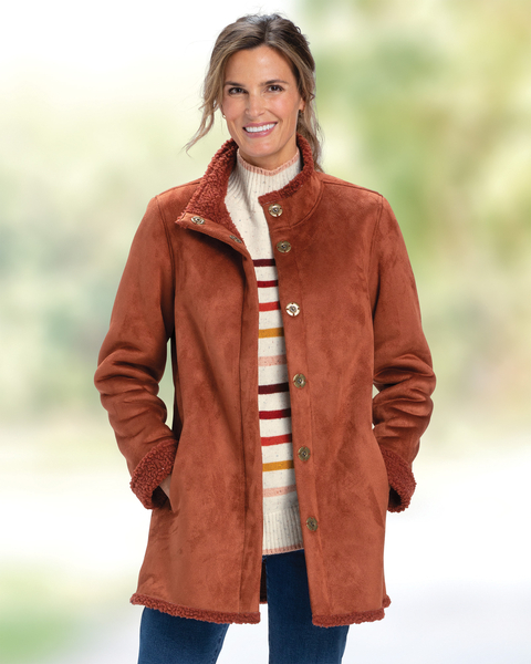 Stand-Collar Faux-Sherpa Coat