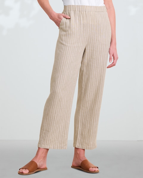 Linen-Blend Striped Cropped Pants