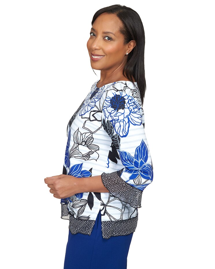 Alfred Dunner® Downtown Vibe Geo Trim Floral Stripe Top image number 4