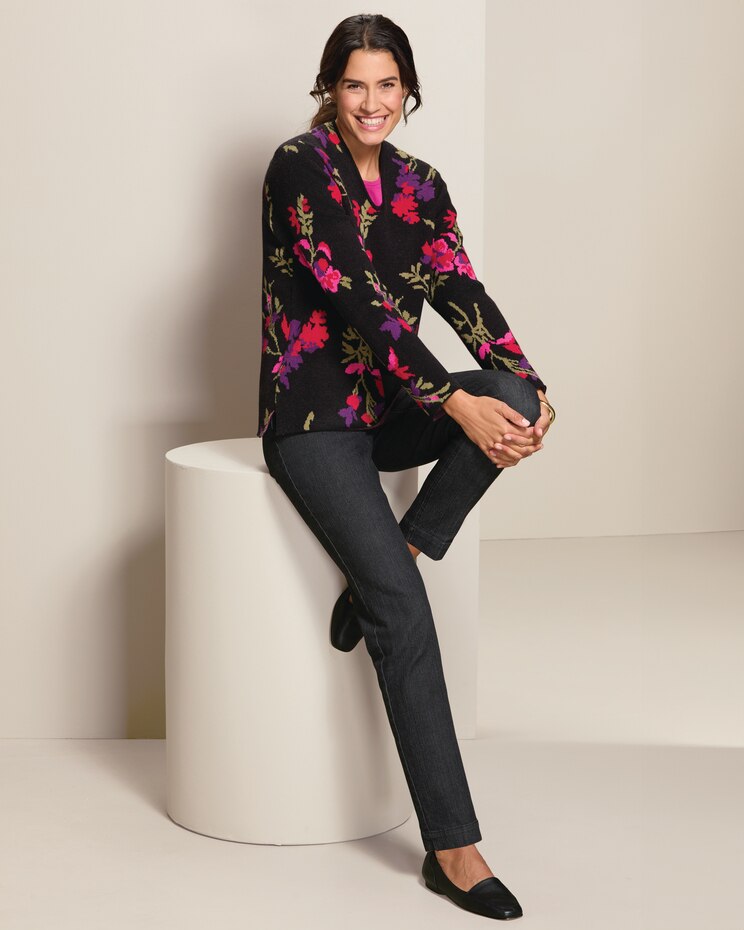 Graphic Floral Narrow V-Neck Sweater image number 3