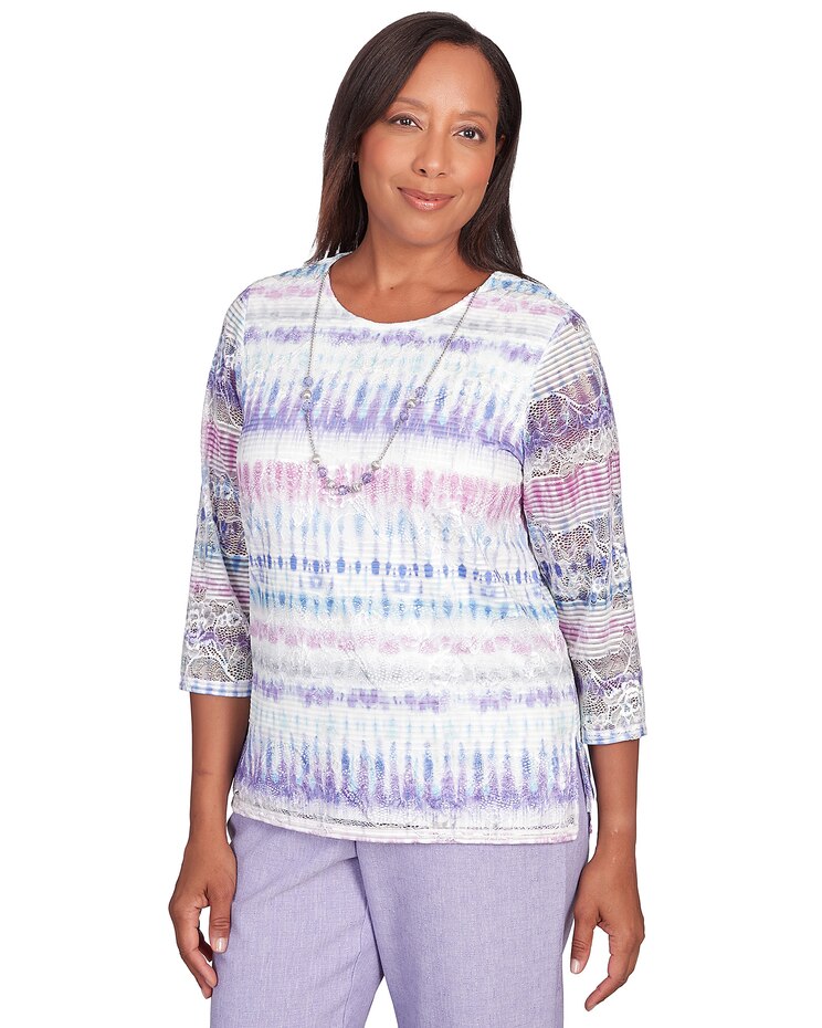 Alfred Dunner® Isn't It Romantic Ikat Biadere Crew Neck Top with Necklace image number 3
