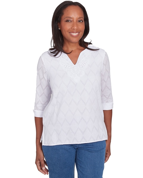 Alfred Dunner® Classics White Textured Split Neck Top