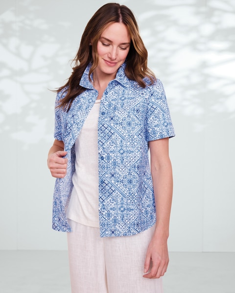 Seaside Tile-Print Camp Shirt & Captiva Side-Tab Capris