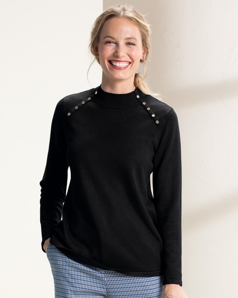 Madison Button-Trim Mockneck