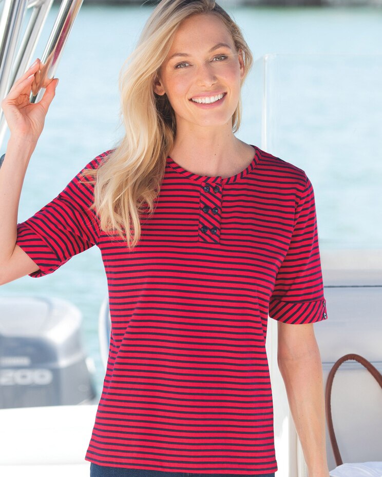 Mini Statement-Stripe Cotton Knit Henley image number 1