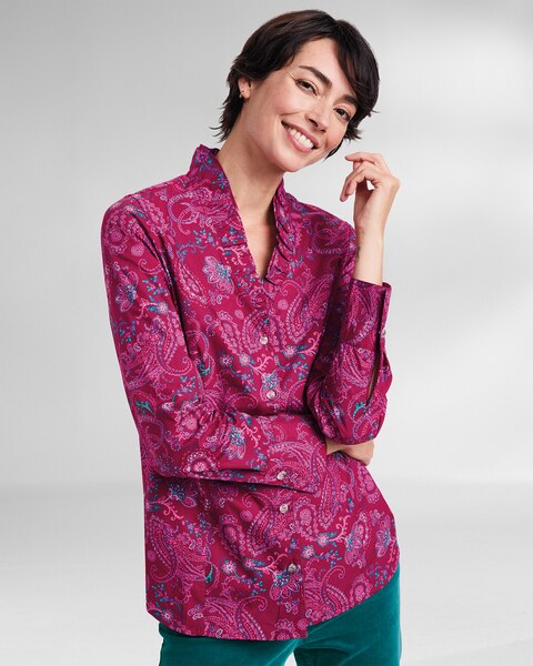 Double-Ruffle Cotton Paisley Shirt