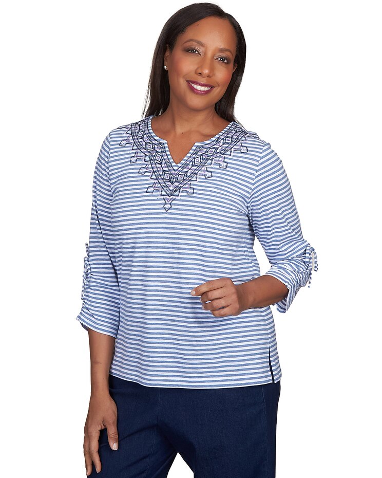 Alfred Dunner® Lavender Fields Stripe Geo Embroidered Split Neck Top image number 3