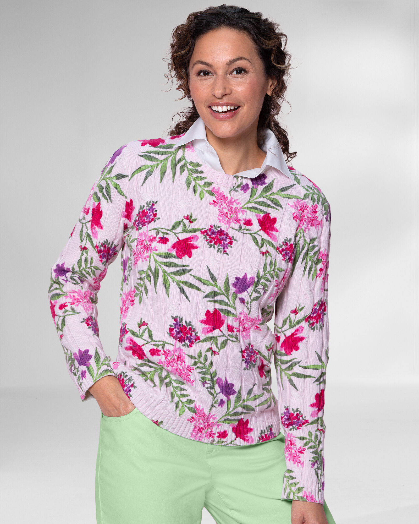 Bayside Cotton Cable Floral Print Sweater Appleseed s
